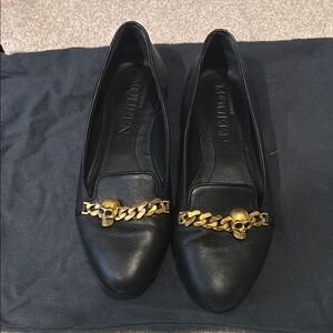 Alexander McQueen Black and Gold Flats with Chain Detail
